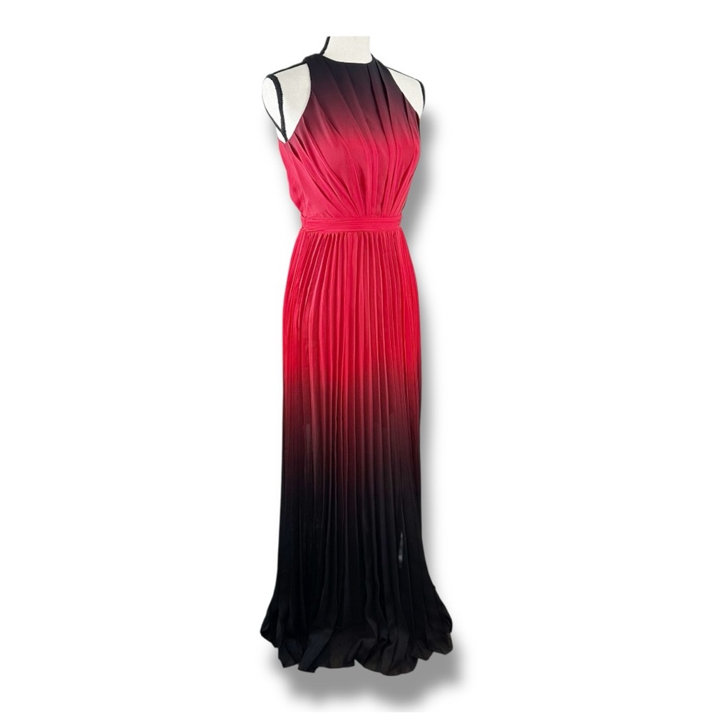 Reiss Red/Black Ombre Micro-Pleated Open Back Midi‎ Evening/Cocktail Dress Sz 0